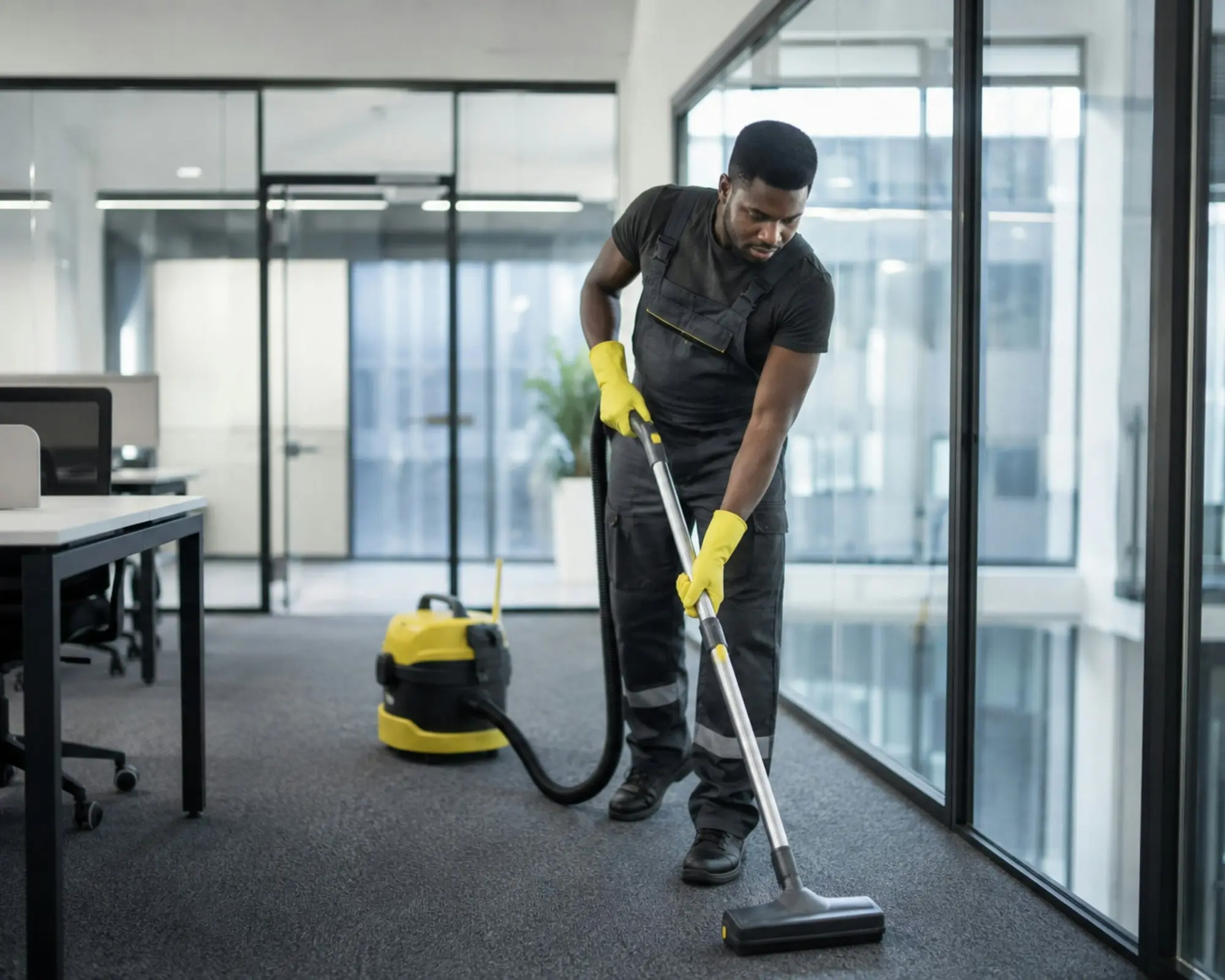 Cleaner vacuuming carpet in a modern glass-walled office
