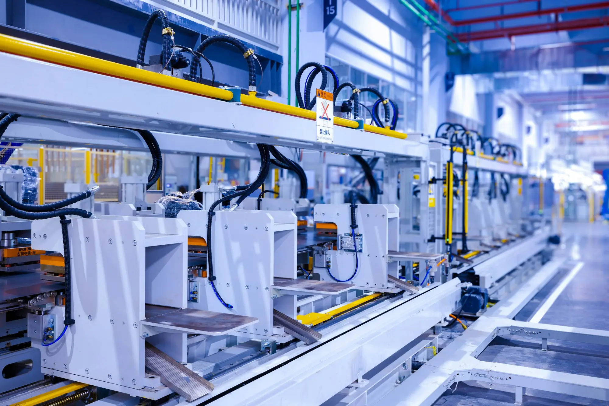 Clean, brightly lit automated manufacturing line