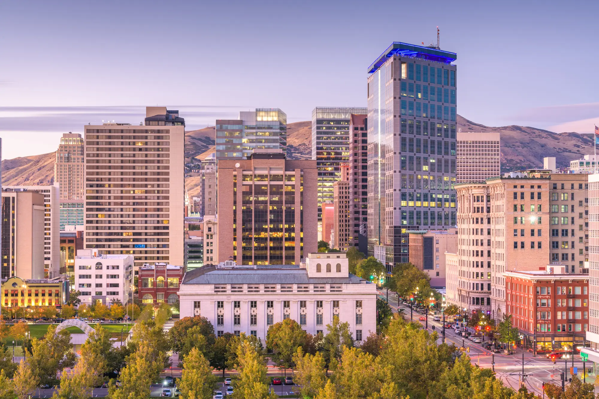 Downtown Salt Lake City office towers beneath the Wasatch Mountains